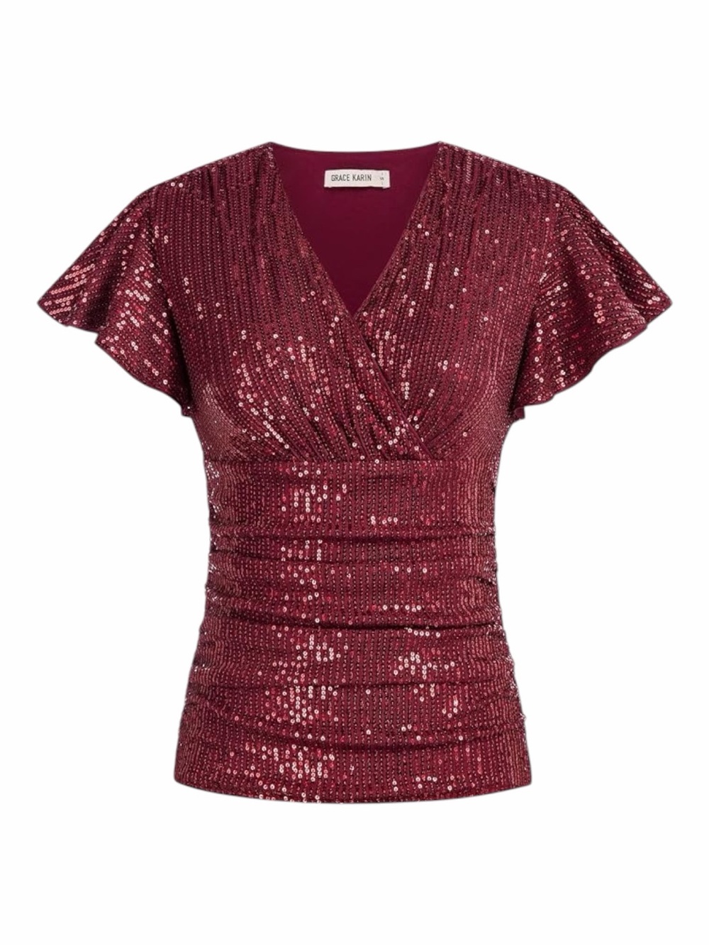 Grace Karin Wine-Red Flutter Sleeve V-Neck Sequined Top. Size XL.